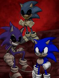 Rule 34 | 3boys, black eyes, black sclera, blood, bloody tears, classic sonic, colored sclera, crying, crying with eyes open, exe (revie), faker (revie), gloves, highres, im lazy sheck lol, looking at viewer, lord x (sonic.exe), multiple boys, scar, sharp teeth, smile, sonic.exe, sonic (series), sonic the hedgehog, tears, teeth, white gloves, x, xenophanes (sonic.exe)