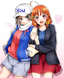 Rule 34 | 2girls, :d, ahoge, baseball cap, black jacket, blue cardigan, blue eyes, blue shirt, bow, brown hair, cardigan, character name, clover hair ornament, collarbone, cowboy shot, grey shorts, hair bow, hair ornament, hands in pocket, hat, heart, highres, jacket, locked arms, long sleeves, looking at viewer, love live!, love live! sunshine!!, miniskirt, multiple girls, nakano maru, open cardigan, open clothes, open jacket, open mouth, red eyes, red skirt, red sweater, scarf, shirt, short hair, short shorts, shorts, simple background, skirt, smile, standing, striped clothes, striped scarf, sweater, takami chika, watanabe you, white background, white headwear, white scarf, yellow bow