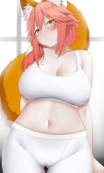 Rule 34 | 1girl, absurdres, alternate costume, animal ear fluff, animal ears, arind yudha, bare arms, bare shoulders, blush, breasts, cleavage, closed mouth, collarbone, commentary, fang, fate/grand order, fate (series), fox ears, fox girl, fox tail, gluteal fold, hair between eyes, hair tie, highres, large breasts, leggings, lips, long hair, looking at viewer, low ponytail, midriff, navel, orange tail, pink hair, skin fang, solo, stomach, sweat, tail, tamamo (fate), tamamo no mae (fate/extra), tank top, thighs, white leggings, white tank top, yellow eyes