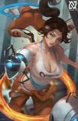 Rule 34 | 1girl, absurdres, aperture science handheld portal device, ass, breasts, brown hair, chell, cleavage, highres, jumpsuit, large breasts, long fall boots, long hair, nopeys, orange jumpsuit, ponytail, portal (object), portal (series), solo, tank top, wheatley