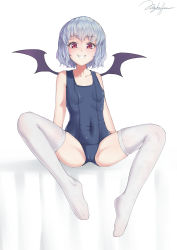 Rule 34 | 1girl, :d, absurdres, alternate costume, arm support, bare shoulders, bat wings, blue hair, blush, breasts, collarbone, covered navel, full body, grin, highres, littiecy, looking at viewer, no headwear, one-piece swimsuit, open mouth, red eyes, remilia scarlet, short hair, simple background, sitting, slit pupils, small breasts, smile, solo, spread legs, swimsuit, thighhighs, touhou, white background, white thighhighs, wings