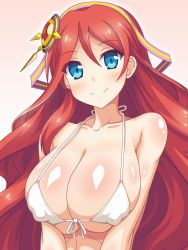 Rule 34 | 1girl, bad id, bad pixiv id, bikini, blue eyes, blush, breasts, character request, cleavage, closed mouth, collarbone, copyright request, covered erect nipples, f 1chan, front-tie bikini top, front-tie top, hair between eyes, hair ornament, halterneck, head tilt, large breasts, long hair, looking at viewer, red hair, shiny skin, smile, solo, swimsuit, upper body, white bikini