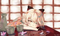 Rule 34 | 1girl, absurdres, arms on table, artist name, asil, black gloves, blonde hair, blush, bow, braid, chinese commentary, chinese text, choker, closed mouth, commentary request, cup, eyes visible through hair, floral print, flower, from side, girls&#039; frontline, gloves, hair between eyes, hair bow, hair ribbon, half gloves, head on table, highres, indoors, japanese clothes, long hair, looking at viewer, official alternate costume, ots-14 (flurry of petals) (girls&#039; frontline), ots-14 (girls&#039; frontline), petals, reflection, ribbon, smile, solo, table, tearing up, very long hair, wide sleeves, yellow eyes