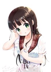 Rule 34 | 1girl, absurdres, blouse, blunt bangs, bra visible through clothes, breasts, brown hair, cleavage, clothes pull, commentary request, dated, gochuumon wa usagi desu ka?, green eyes, highres, long hair, looking at viewer, medium breasts, neki (wakiko), open mouth, plaid, plaid sailor collar, sailor collar, school uniform, see-through, serafuku, shirt, shirt pull, simple background, smile, solo, twitter username, ujimatsu chiya, upper body, wet, wet clothes, wet hair, wet shirt, white background, white shirt
