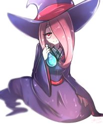 Rule 34 | 1girl, artist name, blurry, blurry background, bottle, commentary, flask, hair over one eye, half-closed eye, hat, little witch academia, luna nova school uniform, omiza somi, pale skin, pink hair, potion, red eyes, school uniform, signature, simple background, smile, solo, sucy manbavaran, very long sleeves, watermark, white background, witch, witch hat