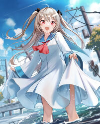 1girl :d ahoge atri atri-my_dear_moments- black_ribbon blue_sailor_collar blue_sky blush cloud commentary_request day dress feet_out_of_frame floating_hair hair_between_eyes hair_intakes hair_ribbon happy highres light_brown_hair long_hair long_sleeves looking_at_viewer neckerchief open_mouth outdoors red_eyes red_neckerchief ribbon sailor_collar sailor_dress sidelighting skirt_hold sky smile soaking_feet solo sunlight tsurime tuna_picture two_side_up utility_pole very_long_hair water white_dress wide_sleeves