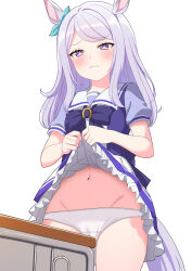 Rule 34 | 1girl, absurdres, animal ears, blush, closed mouth, commentary request, crotch rub, desk, female masturbation, groin, highres, horse ears, horse girl, horse tail, lifting own clothes, louche, masturbation, mejiro mcqueen (umamusume), navel, panties, school uniform, simple background, solo, table humping, tail, tracen school uniform, umamusume, underwear, white background