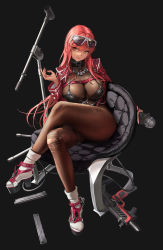Rule 34 | 1girl, absurdres, belt, black background, bodysuit, breasts, brown bodysuit, bypos, chair, cleavage, closed mouth, crossed legs, eyewear on head, full body, goddess of victory: nikke, gun, hair between eyes, high heels, highres, holding, holding microphone, jacket, large breasts, legs, long hair, microphone, microphone stand, nail polish, official art, open clothes, open jacket, orange eyes, pink nails, red hair, red jacket, see-through, see-through cleavage, simple background, sitting, socks, solo, sunglasses, thighs, torn bodysuit, torn clothes, volume (nikke), weapon, white socks
