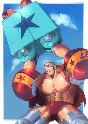 Rule 34 | 1boy, absurdres, arms up, bare pectorals, black eyes, blue hair, botico, buzz cut, clenched teeth, cloud, cloudy sky, commentary, english commentary, eyewear on head, franky (one piece), hawaiian shirt, highres, long sideburns, male focus, muscular, muscular male, one piece, open clothes, open shirt, outdoors, palm tree print, pectorals, red shirt, shirt, short hair, sideburns, sky, solo, star (symbol), sunglasses, teeth, very short hair