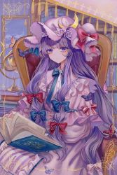 Rule 34 | 1girl, blue bow, blue ribbon, blush, book, bow, closed mouth, crescent, crescent hat ornament, dress, hair bow, hat, hat ornament, hat ribbon, highres, hourai kiriri, long hair, long sleeves, mob cap, open book, patchouli knowledge, purple dress, purple eyes, purple hair, purple hat, red bow, red ribbon, ribbon, sitting, solo, striped clothes, striped dress, touhou, vertical-striped clothes, vertical-striped dress