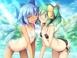 Rule 34 | 2girls, ^ ^, ass, bare arms, bare shoulders, bikini, black bikini, blue bow, blue hair, blue sky, blush, bow, breasts, chima q, cirno, closed eyes, cloud, collarbone, commentary request, covered erect nipples, cowboy shot, daiyousei, day, facing another, fairy wings, green eyes, green hair, hair between eyes, hair bow, hand on own chest, highres, ice, ice wings, leaning forward, light rays, multiple girls, navel, nose blush, open mouth, outdoors, short hair, side-tie bikini bottom, side ponytail, sky, small breasts, smile, standing, stomach, sweat, swimsuit, tan, tanline, tanned cirno, thighs, touhou, tree, v arms, white bikini, wings, yellow bow