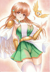 Rule 34 | 1girl, armor, breasts, brown eyes, brown hair, cape, circlet, cleavage, dragon quest, dragon quest dai no daibouken, dress, earrings, gome, highres, jewelry, large breasts, long hair, looking at viewer, open mouth, princess leona, simple background, solo, thighhighs, traditional media, vambraces, yosaku vs hina