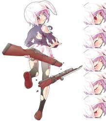Rule 34 | 1girl, after battle, alphes (style), ass, back, bandages, black thighhighs, blazer, blush, bolt action, broken, broken weapon, crying, crying with eyes open, d:, dairi, expressions, from behind, full body, gun, jacket, miniskirt, open mouth, parody, reisen, rifle, running, sad, short hair, skirt, solo, style parody, surprised, sweatdrop, tachi-e, tears, thighhighs, torn clothes, torn thighhighs, touhou, transparent background, weapon, wide-eyed