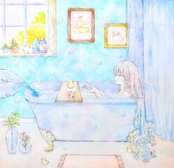 Rule 34 | 1girl, anna (k0130), bath, bathtub, bird, blue hair, blunt bangs, blush, bottle, bubble, bubble bath, candle, cat, chick, claw foot bathtub, closed eyes, closed mouth, commentary, curtains, day, duck, english commentary, eyelashes, flower, flower pot, gradient hair, hair flowing over, hands up, highres, indoors, long hair, mermaid, monster girl, multicolored hair, original, picture frame, pink flower, pink hair, plant, potted plant, profile, rabbit, rubber duck, rug, sidelocks, smile, soap bubbles, solo, sprout on head, vase, very long hair, window, windowsill