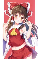 Rule 34 | 1girl, ascot, bow, brown eyes, brown hair, chest sarashi, commentary request, detached sleeves, double v, hair bow, hair tubes, hakurei reimu, highres, long hair, looking at viewer, navel, red background, red bow, red shirt, red skirt, ribbon-trimmed sleeves, ribbon trim, sarashi, shirotsuki shirone, shirt, sidelocks, simple background, skirt, smile, solo, touhou, v, wide sleeves, yellow ascot