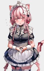 Rule 34 | 1girl, @ @, animal ear fluff, animal ears, apron, bandaged hand, bandages, bandaid, bandaid on hand, black choker, black skirt, blush, bow, bowtie, braid, breasts, cat ears, cat girl, cat tail, choker, commentary, dress, frilled apron, frilled dress, frilled sleeves, frills, hair ornament, hairclip, highres, large breasts, long hair, looking at viewer, maid, maid headdress, mouse on head, mouse on shoulder, original, own hands together, parted lips, pink eyes, pink hair, red ribbon, ribbon, short sleeves, simple background, skirt, solo, standing, symbol-only commentary, tail, tail ornament, tail ribbon, tearing up, thighhighs, twin braids, very long hair, white apron, white bow, white bowtie, white thighhighs, wrist cuffs, x hair ornament, y o u k a