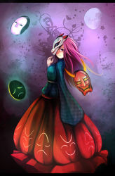 Rule 34 | 1girl, belt, blouse, blue background, breasts, expressionless, fox mask, from side, full moon, gracehoo, gradient background, hand up, hands in opposite sleeves, hata no kokoro, highres, letterboxed, light purple hair, long hair, long skirt, looking at viewer, mask, moon, noh mask, oni mask, plaid, purple eyes, shirt, skirt, solo, touhou