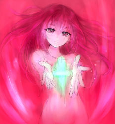 Rule 34 | 10s, 1girl, an (ankoromomo), crystal, glowing, highres, long hair, minashiro orihime, navel, nude, outstretched arms, pink eyes, pink theme, sketch, smile, solo, soukyuu no fafner, spoilers
