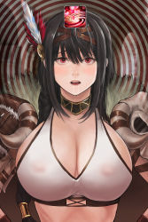 Rule 34 | 1girl, bad id, bad pixiv id, barbara (brown dust), black hair, breasts, brown dust, cleavage, drooling, empty eyes, eshengrenniao, feathers, highres, hypnosis, large breasts, long hair, looking at viewer, mind control, no bra, open mouth, red eyes, red feathers, saliva, solo, tank top, upper body, white feathers