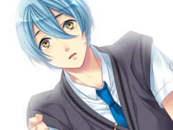 Rule 34 | 1boy, :o, blue hair, brown eyes, game cg, kanakubo homare, looking at viewer, male focus, parted lips, simple background, solo, starry sky (game), sweater vest, white background