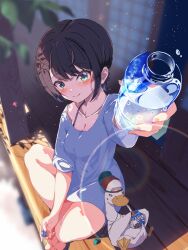 Rule 34 | 1girl, alternate costume, aqua eyes, arm up, bare legs, barefoot, blurry, blurry background, blurry foreground, blush, bottle, breasts, brown hair, cleavage, closed mouth, collarbone, day, depth of field, foreshortening, full body, highres, holding, hololive, lens flare, looking at viewer, medium breasts, off shoulder, oozora subaru, outdoors, outstretched arm, oversized clothes, oversized shirt, saka mikatsuki, shirt, short hair, sidelocks, sitting, smile, soles, sparkle, subaru duck, swept bangs, t-shirt, toes, virtual youtuber, water bottle, whistle, whistle around neck, white shirt