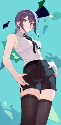Rule 34 | &gt;:), 1girl, abstract background, absurdres, aqua background, bare shoulders, black choker, black hair, black ribbon, black shorts, black thighhighs, chainsaw man, choker, collared shirt, contrapposto, from below, green eyes, hair between eyes, hands on own hips, high-waist shorts, highres, looking at viewer, low ponytail, medium hair, neck ribbon, office lady, reze (chainsaw man), ribbon, shirt, shirt tucked in, shorts, sidelocks, simple background, sleeveless, sleeveless shirt, thighhighs, v-shaped eyebrows, white shirt, wudongyouyi
