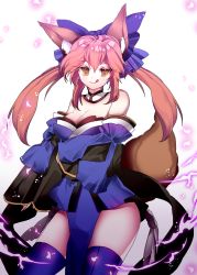 Rule 34 | 10s, 1girl, animal ears, bad id, bad pixiv id, bare shoulders, blue bow, blue thighhighs, blush, bow, breasts, cleavage, closed mouth, collarbone, detached sleeves, fate/extra, fate/grand order, fate (series), flower, fox ears, fox tail, hair bow, harin 0, japanese clothes, large breasts, long hair, looking at viewer, pink hair, smile, solo, tail, tamamo (fate), tamamo no mae (fate/extra), thighhighs, tongue, tongue out, twintails, yellow eyes