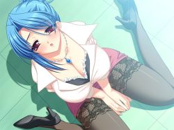 Rule 34 | 1girl, black thighhighs, blue hair, blush, bra, breasts, cleavage, dutch angle, earrings, from above, game cg, hair up, high heels, hotaka tamagoro, hotaka tamagorou, huge breasts, jewelry, kanchichi sweet, kashino machiko, lace, lace-trimmed legwear, lace trim, lingerie, looking up, necklace, open mouth, pencil skirt, pendant, pink eyes, purple eyes, shoes, short hair, sitting, skirt, solo, thighhighs, underwear, wariza, west vision
