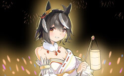 Rule 34 | absurdres, ahoge, animal ears, bare shoulders, black hair, breasts, cleavage, detached sleeves, dress, feather hair ornament, feathers, fireworks, fur choker, hair ornament, highres, horse ears, kitasan black (jubilant star auspicious crane) (umamusume), kitasan black (umamusume), lantern, looking at viewer, multicolored hair, open mouth, short hair, small breasts, smile, solarisyuri!, sparks, strapless, strapless dress, streaked hair, umamusume, upper body, white dress, yellow eyes