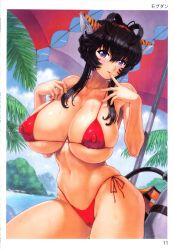 Rule 34 | 1girl, absurdres, animal ears, beach, bikini, black hair, blue eyes, blush, breasts, cat ears, covered erect nipples, day, finger to mouth, highres, huge breasts, long hair, looking at viewer, mogudan, navel, non-web source, open mouth, smile, solo, swimsuit, tiger ears, umbrella