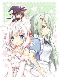 Rule 34 | 3girls, :o, animal ear fluff, animal ears, apron, bare shoulders, black capelet, black headwear, black skirt, blue dress, blue eyes, brown eyes, brown hair, capelet, chibi, closed mouth, comiket 103, commentary request, dress, frilled apron, frills, green background, green hair, hair ornament, hairclip, hand on own hip, hat, hat ribbon, highres, lightning bolt symbol, long hair, long sleeves, maid apron, mini person, minigirl, multiple girls, nanase miori, off-shoulder dress, off shoulder, on head, original, parted lips, puffy short sleeves, puffy sleeves, purple ribbon, ribbon, shirt, short sleeves, skirt, smile, twintails, two-tone background, very long hair, white apron, white background, white dress, white hair, white shirt, witch hat, wrist cuffs