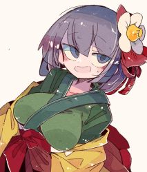 Rule 34 | 1girl, :d, bow, breasts, dutch angle, flower, hair flower, hair ornament, hieda no akyuu, japanese clothes, jitome, kimono, large breasts, looking at viewer, massakasama, open mouth, red bow, simple background, smile, solo, touhou, white background