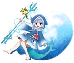 Rule 34 | 1girl, a (phrase), animal costume, animal hood, barefoot, blue eyes, blue hair, blue hoodie, blunt bangs, blush stickers, dr. addamelech, fins, fish tail, gawr gura, highres, hololive, hololive english, hood, hoodie, long sleeves, medium hair, multicolored hair, parody, polearm, shark, shark costume, shark girl, shark hood, shark tail, sharp teeth, silver hair, smile, solo, streaked hair, style parody, tail, teeth, touhou, transparent background, trident, virtual youtuber, weapon, wide sleeves, zun (style)