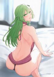Rule 34 | 1girl, \||/, absurdres, alternate costume, arm support, ass, backboob, backlighting, bad perspective, bare arms, bare legs, bare shoulders, blurry, blurry background, breasts, depth of field, green eyes, green hair, highres, indoors, kochiya sanae, long hair, looking at viewer, looking back, meme attire, on bed, parted lips, sazaki (sakiyuikun), solo, teeth, thighs, touhou, upper teeth only, very long hair, virgin killer sweater