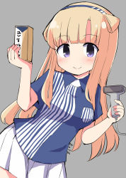 Rule 34 | 1girl, artist name, barcode scanner, blonde hair, blush, box, breasts, cashier, cowboy shot, double bun, employee uniform, fletcher (kancolle), grey background, hair bun, hairband, highres, kantai collection, lawson, long hair, looking at viewer, medium breasts, one-hour drawing challenge, purple eyes, shirt, skirt, smile, solo, store clerk, striped clothes, striped shirt, uniform, vertical stripes, white skirt, zetz