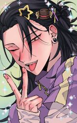 Rule 34 | 1boy, :p, black hair, brown eyes, ear piercing, getou suguru, green background, hair ornament, hairclip, hand up, jacket, ju angbal love, jujutsu kaisen, long hair, long sleeves, looking at viewer, male focus, one eye closed, open mouth, piercing, purple jacket, sleeves past wrists, solo, sparkle, tongue, tongue out, tsurime, upper body, v