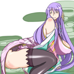 Rule 34 | 1girl, areola slip, bare shoulders, bent over, black thighhighs, breasts, covered erect nipples, doro (pixiv1599005), female focus, hair ornament, huge breasts, koihime musou, kouchuu, long hair, looking back, mature female, one eye closed, profile, purple hair, sitting, smile, solo, thighhighs, thighs, wink