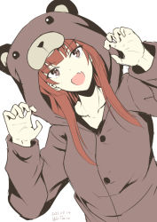 Rule 34 | 1girl, alternate costume, animal costume, artist name, bear costume, brown eyes, brown hair, claw pose, costume, dated, fang, hands up, head tilt, highres, kantai collection, kuma (kancolle), long hair, long sleeves, looking at viewer, one-hour drawing challenge, skin fang, solo, taira yuuki