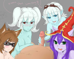 Rule 34 | 4girls, animal ears, bad id, bad pixiv id, blue eyes, blue skin, blush, breasts, brown hair, cat ears, cleavage, colored skin, cooperative handjob, gender request, genderswap, goggles, goggles on head, green eyes, handjob, hat, kennen, large breasts, league of legends, long hair, lulu (league of legends), mask, multiple girls, nude, open mouth, penis, pix (league of legends), pointy ears, poppy (league of legends), pov, purple hair, purple skin, red eyes, scofa, short hair, smile, sweatdrop, tristana, two-handed handjob, two side up, uncensored, white hair, witch hat, yordle