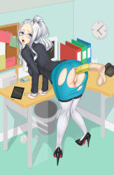 Rule 34 | 1boy, 1girl, anal, ass, blue eyes, cleft of venus, clock, clothed sex, condom, condom on penis, enenra, fairy tail, glasses, hetero, high heels, highres, indoors, looking back, mirajane strauss, nail polish, office lady, penis, pussy, sex, skirt, torn clothes, white hair