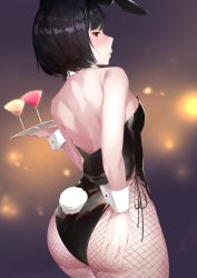 Rule 34 | 1girl, absurdres, alternate costume, animal ears, ass, azur lane, back, bare arms, bare back, bare shoulders, black hair, black leotard, blush, breasts, cotton kanzaki, cup, detached collar, drink, drinking glass, fake animal ears, female focus, fishnet pantyhose, fishnets, from behind, hand on own ass, highres, holding, holding tray, leotard, long hair, looking at viewer, looking back, medium breasts, pantyhose, playboy bunny, rabbit ears, rabbit tail, red eyes, short hair, sideboob, solo, standing, strapless, strapless leotard, tail, tray, wrist cuffs, yamashiro (azur lane)