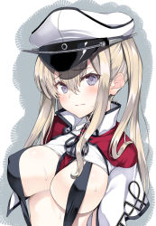 Rule 34 | 10s, 1girl, blonde hair, breasts, capelet, covered erect nipples, graf zeppelin (kancolle), hair between eyes, hat, inuzumi masaki, kantai collection, large breasts, long hair, long sleeves, military, military uniform, peaked cap, purple eyes, sidelocks, slingshot swimsuit, solo, swimsuit, twintails, uniform