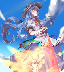 Rule 34 | 1girl, black headwear, blue hair, blue skirt, blue sky, blush, bow, bowtie, hand on hilt, highres, hinanawi tenshi, holding, holding sword, holding weapon, kanaria (bocmn), leaf, long hair, outdoors, peach hat ornament, rainbow gradient, red bow, red bowtie, red eyes, short sleeves, skirt, sky, solo, sword, sword of hisou, touhou, weapon