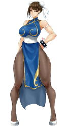 Rule 34 | 1girl, absurdres, adapted costume, alternate hairstyle, armlet, asymmetrical bangs, bare shoulders, bracelet, breasts, brown eyes, brown hair, brown pantyhose, capcom, chinese clothes, chun-li, closed mouth, double bun, earrings, full body, hair bun, highres, jewelry, large breasts, legs, lips, looking at viewer, matching hair/eyes, pantyhose, shoes, short hair, simple background, smile, solo, spiked bracelet, spikes, standing, street fighter, thick thighs, thighs, white background, zcune