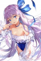 Rule 34 | 1girl, bare shoulders, blue eyes, blue one-piece swimsuit, blue ribbon, blurry, breasts, choker, collarbone, covered navel, fate/grand order, fate (series), frills, hair ribbon, highres, long hair, long sleeves, looking at viewer, meltryllis, meltryllis (fate), meltryllis (swimsuit lancer) (fate), meltryllis (swimsuit lancer) (second ascension) (fate), one-piece swimsuit, parted lips, pdxen, purple hair, ribbon, simple background, small breasts, smile, solo, standing, swimsuit, thighs, v-shaped eyebrows, very long hair, white background