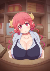 Rule 34 | 1girl, apron, blush, breast rest, breasts, cleavage, collarbone, counter, dragon girl, dragon horns, fang, gradient hair, highres, horns, huge breasts, ilulu (maidragon), kobayashi-san chi no maidragon, long hair, looking at viewer, multicolored hair, open mouth, pink hair, pointy ears, ponponmaru, red eyes, red hair, shiny skin, shirt, shop, skin fang, slit pupils, smile, solo, store clerk, twintails, two-tone hair, uniform