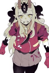 Rule 34 | 1girl, absurdres, anger vein, angry, blonde hair, brown horns, brown skirt, clenched hands, clenched teeth, clothes writing, ddari, earrings, facial mark, fangs, fate (series), highres, horns, ibaraki douji (fate), jacket, jewelry, long hair, looking at viewer, oni, oni horns, pantyhose, pointy ears, red jacket, simple background, skirt, sleeves rolled up, solo, tearing up, teeth, third eye, veins, walking, white background, yellow eyes