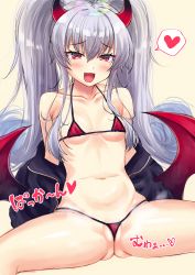 Rule 34 | 1girl, :d, bad id, bad pixiv id, bare shoulders, beige background, bikini, black jacket, blush, breasts, collarbone, commentary request, demon girl, demon horns, demon wings, evo grim, fang, grim aloe, hair between eyes, heart, highres, honami (yths4221), horns, jacket, long hair, looking at viewer, low wings, micro bikini, navel, off shoulder, open clothes, open jacket, open mouth, partially visible vulva, quiz magic academy, red bikini, red eyes, red wings, sidelocks, silver hair, sitting, small breasts, smile, solo, spoken heart, spread legs, swimsuit, twintails, very long hair, wings