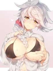 Rule 34 | 10s, 1girl, alternate costume, areola slip, asymmetrical hair, bad id, bad twitter id, between breasts, bikini, black bikini, blush, braid, breasts, covered erect nipples, deep skin, grabbing own breast, hair between eyes, head tilt, heart, heart-shaped pupils, jewelry, jitome, kantai collection, large breasts, light smile, long hair, looking at viewer, micro bikini, pokoten (pokoten718), puffy nipples, ring, scrunchie, shiny clothes, shiny skin, silver hair, simple background, sleeves past wrists, smile, solo, sweat, swimsuit, symbol-shaped pupils, unbuttoned, unryuu (kancolle), upper body, very long hair, wedding band, yellow eyes