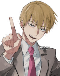 Rule 34 | 1boy, artist name, blonde hair, collared shirt, formal, grey suit, kadeart, looking at viewer, male focus, mob psycho 100, necktie, open mouth, pointing, pointing up, red necktie, reigen arataka, shirt, short hair, simple background, suit, upper body, white background, white shirt